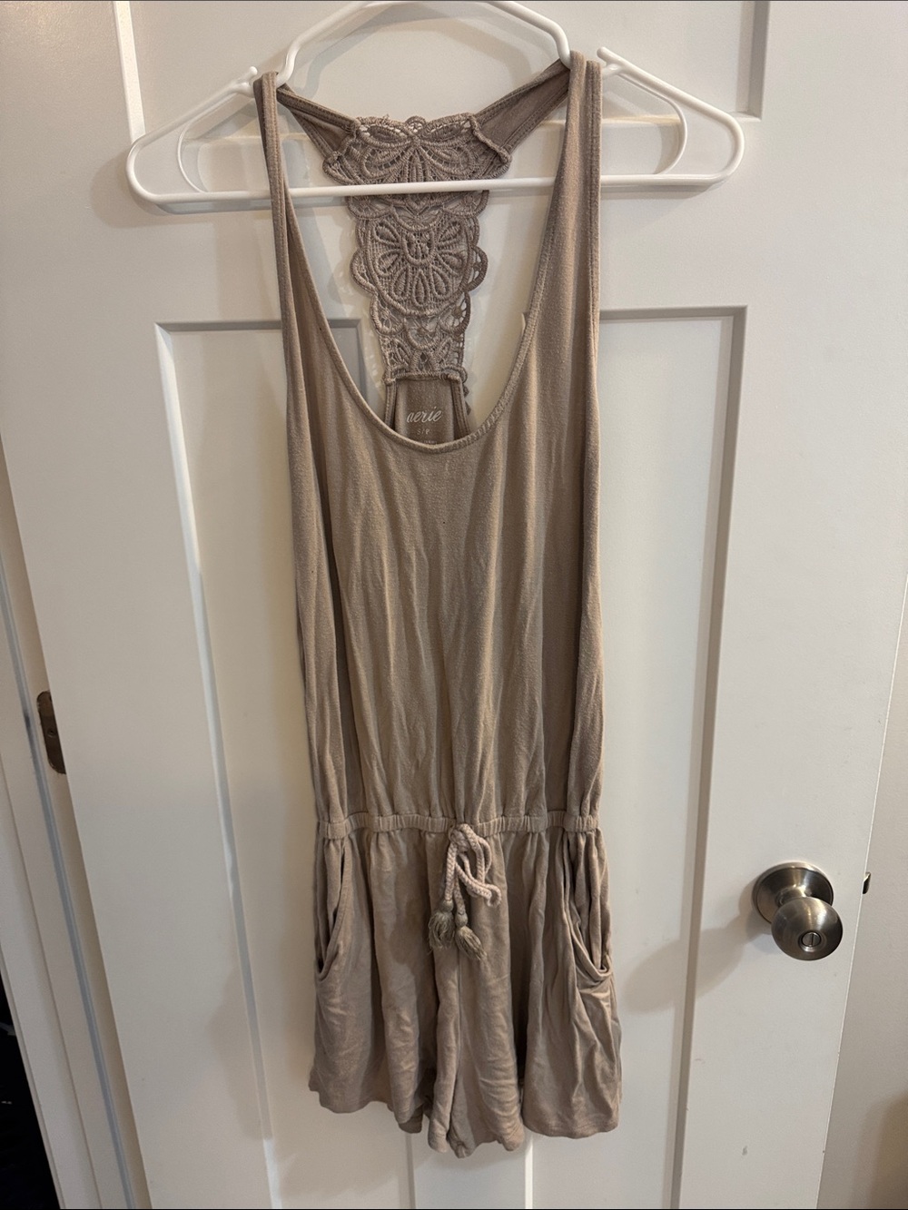 aerie Taupe Crochet-Back Drawstring Romper